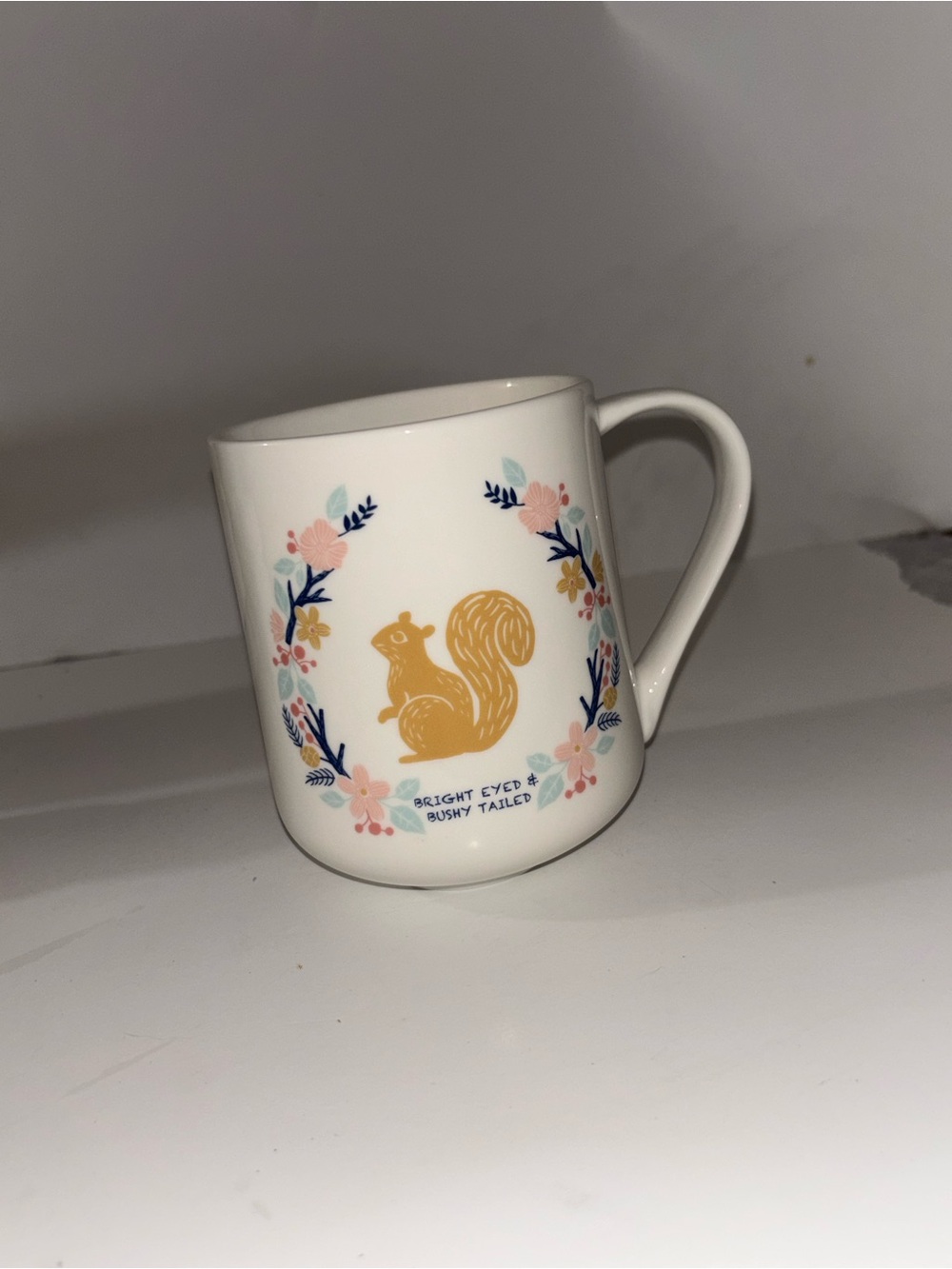 Bright Eyed Bushy Tailed Squirrel Floral Mug - White and Mustard